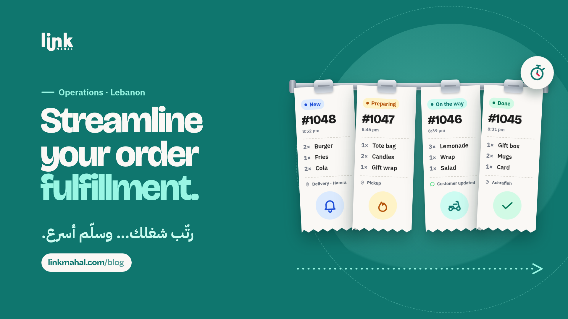 Teal board of hanging order tickets showing each order fulfillment step for a Lebanese WhatsApp store
